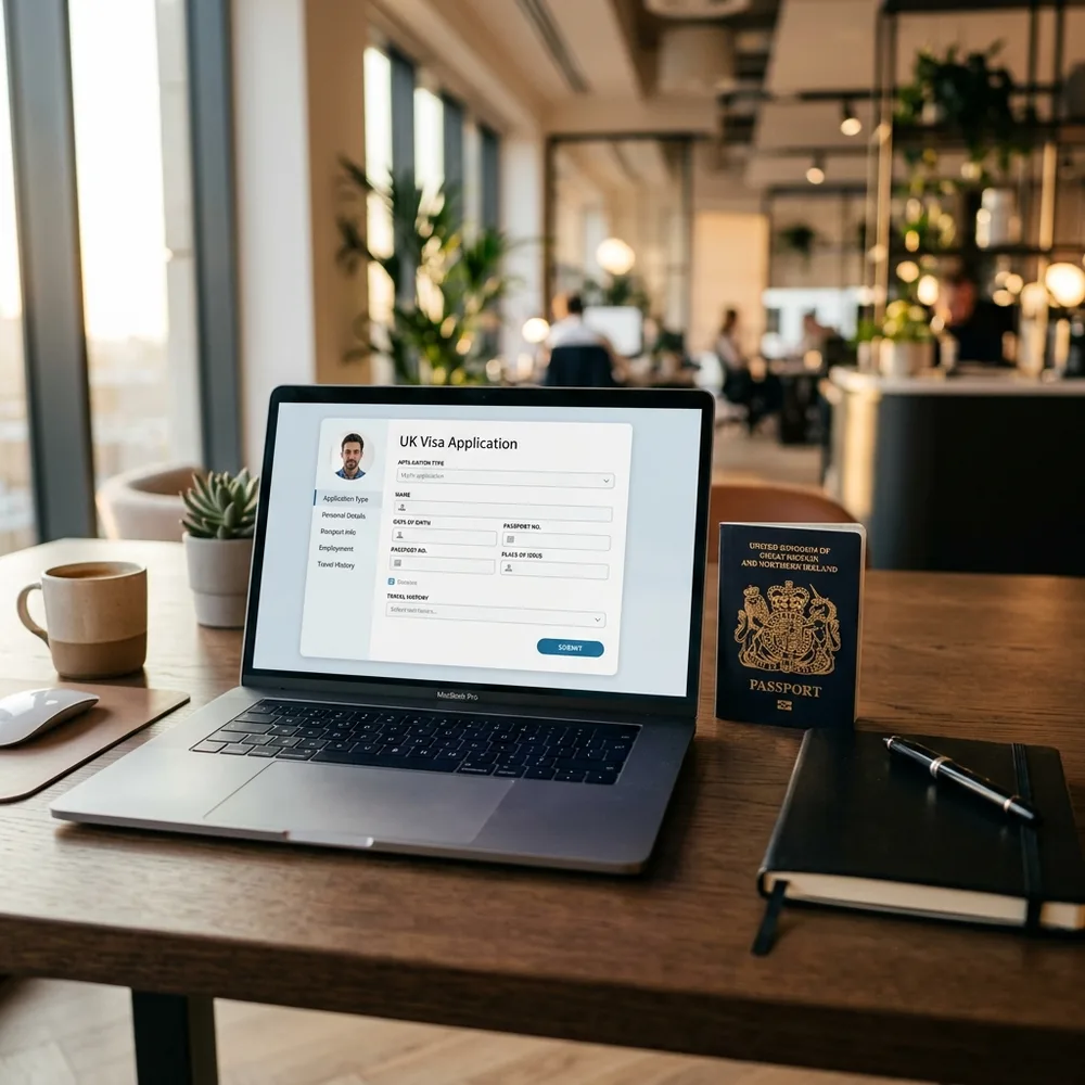 Formulario consular DS-160 y pasaporte ecuatoriano sobre escritorio de oficina